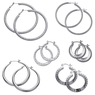 Silver Plated 6 Pair Textured Hoop Earrings Set