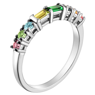 Sterling Silver Parents Baguette and Childrens Round Birthstone Ring