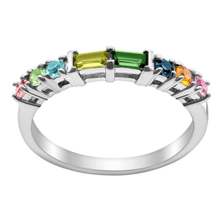 Sterling Silver Parents Baguette and Childrens Round Birthstone Ring