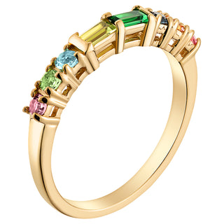 14K Gold over Sterling Parents Baguette and Childrens Round Birthstone Ring
