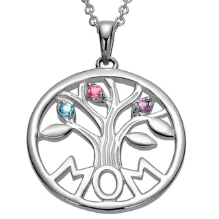 Sterling Silver MOM Family Birthstone Tree Pendant