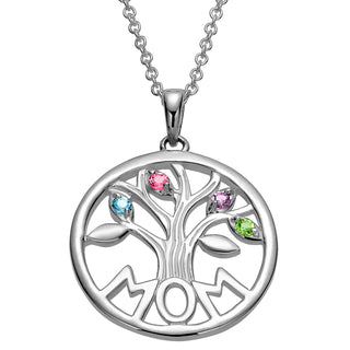 Sterling Silver MOM Family Birthstone Tree Pendant