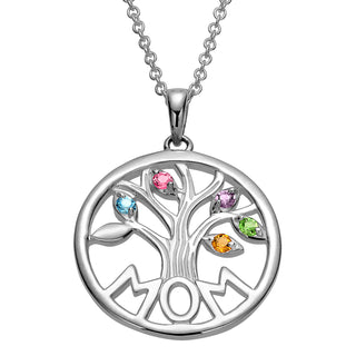 Sterling Silver MOM Family Birthstone Tree Pendant