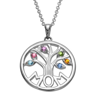 Sterling Silver MOM Family Birthstone Tree Pendant
