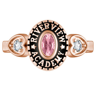 Ladies Rose Gold CELEBRIUM Traditional Oval Birthstone and CZ Heart Class Ring