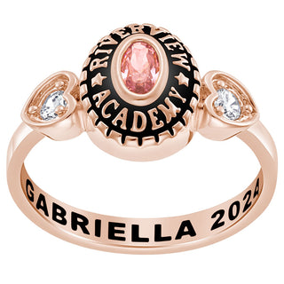 Ladies Rose Gold CELEBRIUM Traditional Oval Birthstone and CZ Heart Class Ring