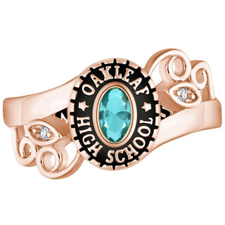 Ladies 14K Rose Gold over Sterling Traditional Oval Birthstone and Diamond Swirl Class Ring