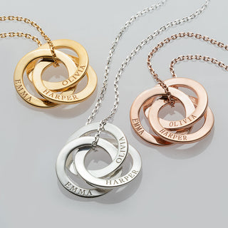 10K Yellow Gold Interlocking Rings Engraved Names Necklace