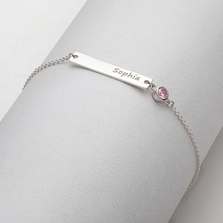 Sterling Silver Engraved Name Bar /Birthstone Adjustable Bracelet