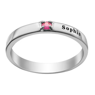 Sterling Silver Engraved Name and Genuine Birthstone Band Ring