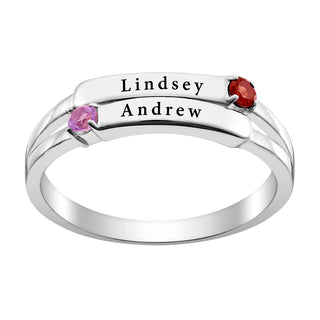 Sterling Silver Engraved Double Name and Genuine Birthstone Ring