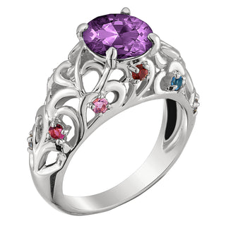 Sterling Silver Mother's Round Family Birthstone Filigree Ring