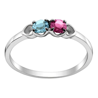 Sterling Silver Round Birthstone Ring with Hearts - 2 Stones-