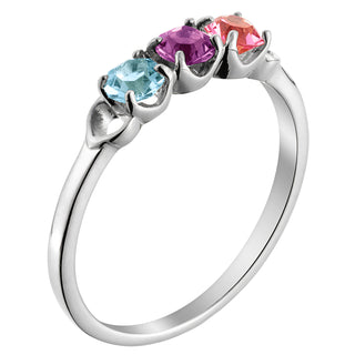 Sterling Silver Round Birthstone Ring with Hearts - 3 Stones