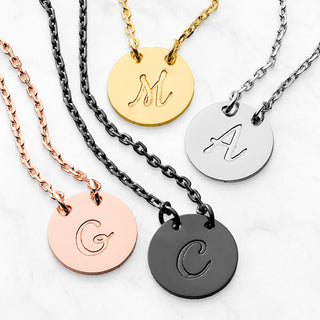 Stainless Steel Engraved Script Initial Disc Necklace