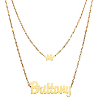 Personalized Script Name and Crown Layered Double Necklace