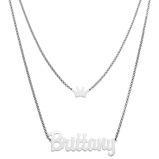Personalized Script Name and Crown Layered Double Necklace