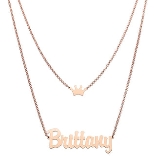 Personalized Script Name and Crown Layered Double Necklace