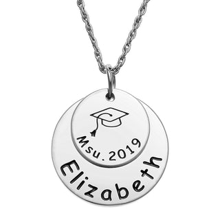 Sterling Silver Graduation Double Disc with Engraved Grad Cap Necklace
