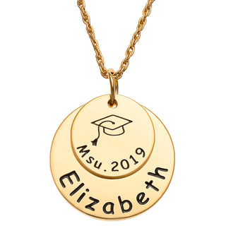 14K Gold over Sterling Graduation Double Disc with Engraved Grad Cap Necklace