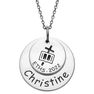 Sterling Silver Graduation Double Disc Necklace with Engraved Cross and Bible