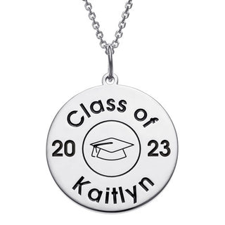 Sterling Silver Engraved Graduation Disc Necklace with Grad Cap