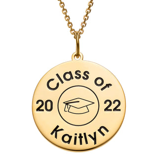 14K Gold over Sterling Engraved Graduation Disc Necklace with Grad Cap