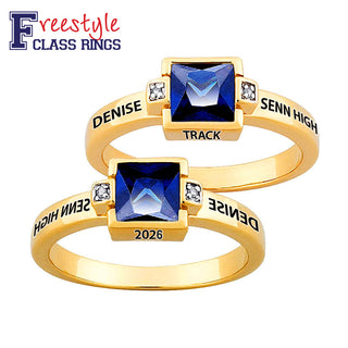 14K Gold over Sterling Freestyle Square Birthstone and Diamond Class Ring