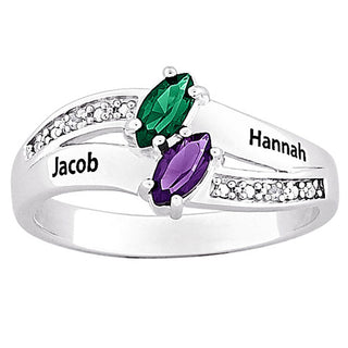 Sterling Silver Couples Marquise Name and Birthstone Ring