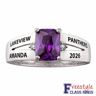 Sterling Silver Freestyle Emerald-cut Birthstone and Diamond Accents Class Ring