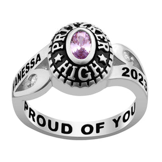 Ladies' Platinum Over Celebrium CZ Scroll Bypass Birthstone Class Ring