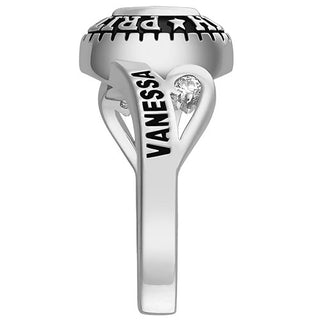 Ladies' Platinum Over Celebrium CZ Scroll Bypass Birthstone Class Ring