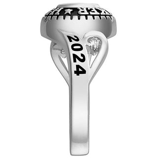 Ladies' Platinum Over Celebrium CZ Scroll Bypass Birthstone Class Ring