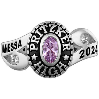 Ladies' Platinum Over Celebrium CZ Scroll Bypass Birthstone Class Ring