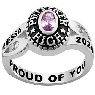 Ladies' Platinum Over Celebrium CZ Scroll Bypass Birthstone Class Ring