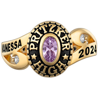 Ladies' 14K Gold over Sterling  CZ Scroll Bypass Birthstone Class Ring