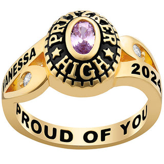 Ladies' 14K Gold over Sterling  CZ Scroll Bypass Birthstone Class Ring