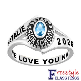 Ladies Class Ring in Platinum Over Celebrium In Traditional Birthstone Styling