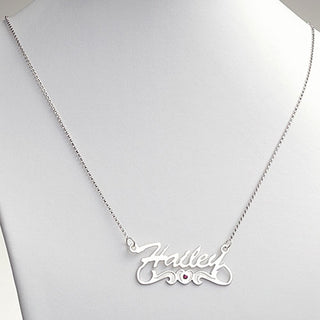 10K White Gold Script Name Necklace With Birthstone Heart
