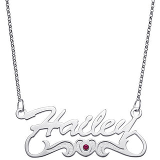 10K White Gold Script Name Necklace With Birthstone Heart