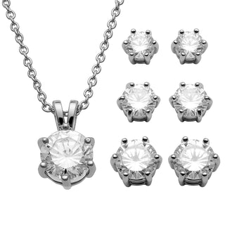 3 Pair CZ Studs Earrings Set with Round CZ Pendant