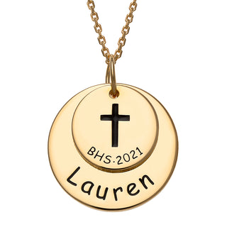 14K Gold over Sterling Graduation Double Disc Necklace with Engraved Cross
