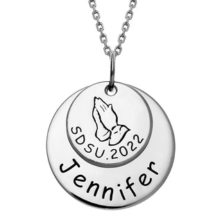 Sterling Silver Graduation Double Disc Necklace with Praying Hands