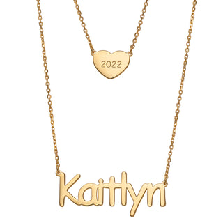 14K Gold over Sterling Name and Heart with Year Layered Double Necklace