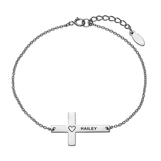 Sterling Silver Engraved Name with Heart Cross Bracelet