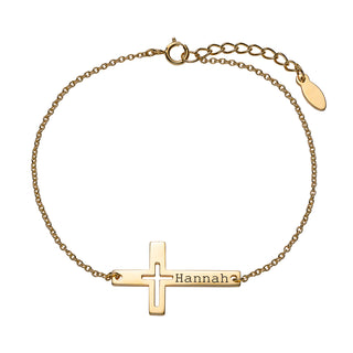 14K Gold over Sterling Engraved Name Cross with Cutout Bracelet