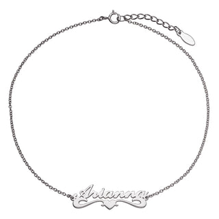 Sterling Silver Petite Script Name with Heart Tail Anklet