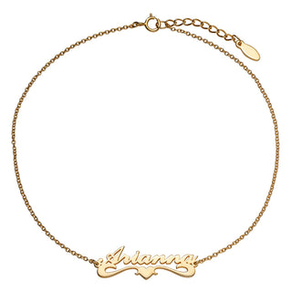 14K Gold over Sterling Petite Script Name with Heart Tail Anklet