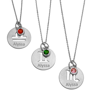 Sterling Silver Engraved Name Zodiac Symbol and Birthstone Necklace