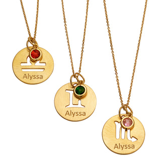 14K Gold over Sterling Engraved Name Zodiac Symbol and Birthstone Necklace